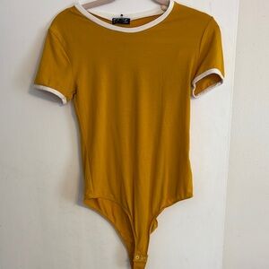 NWT Poof NYC Mustard Yellow Bodysuit with White Trim.  Size L